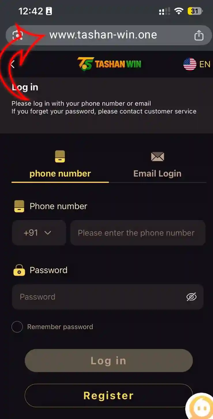 Tashan Win Login Step 1