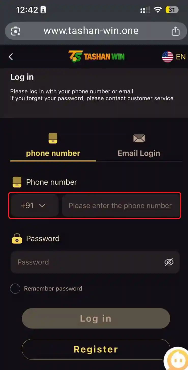 Tashan Win Login Step 2