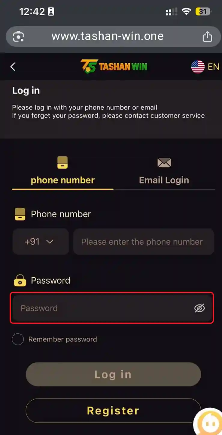 Tashan Win Login Step 3