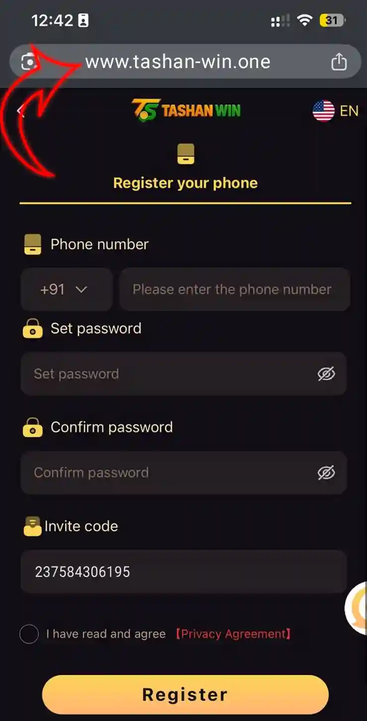 Tashan Win Registration Step 1