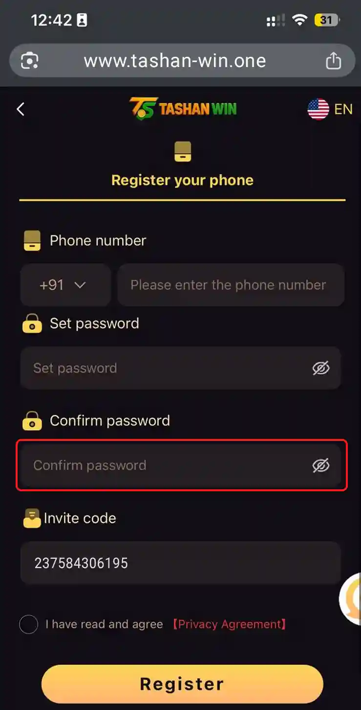 Tashan Win Registration Step 4