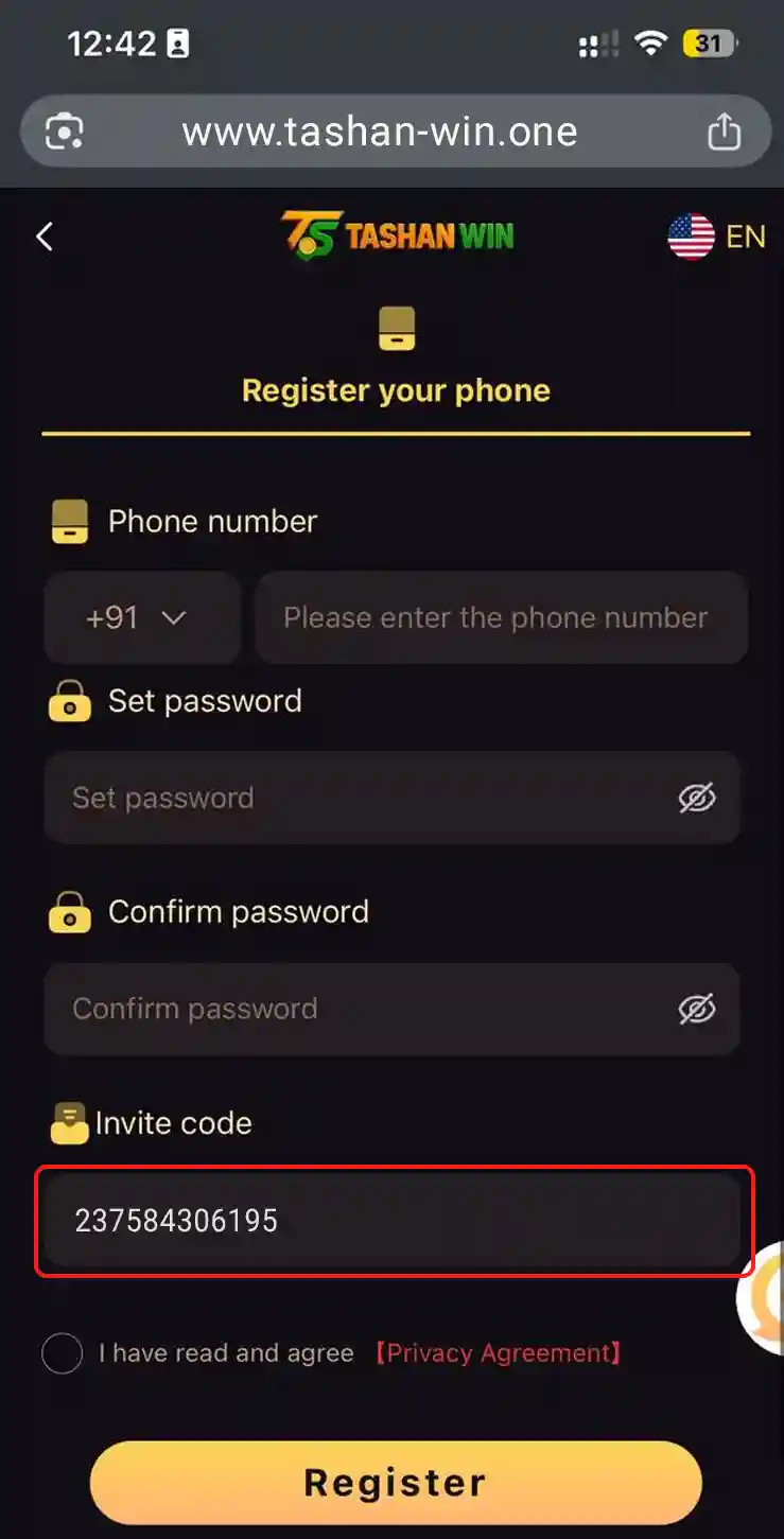 Tashan Win Registration Step 5