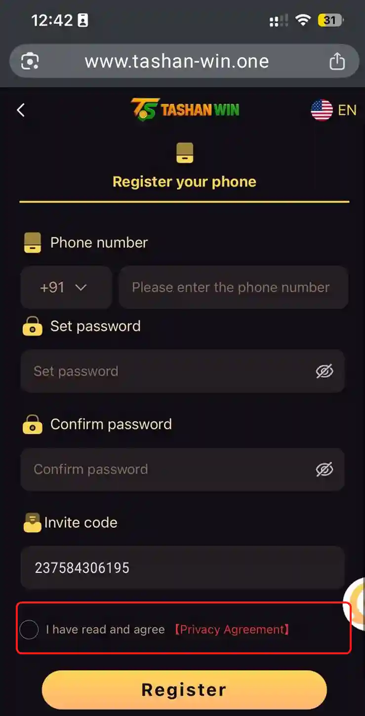 Tashan Win Registration Step 6